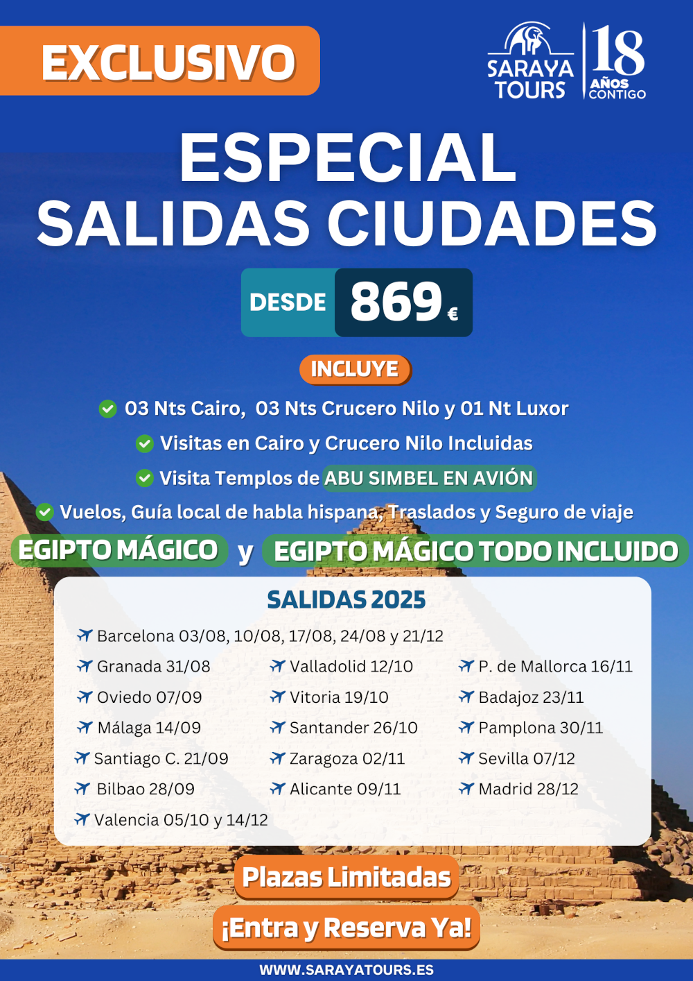 Programación a Egipto desde Ciudades 2025 - Saraya Tours