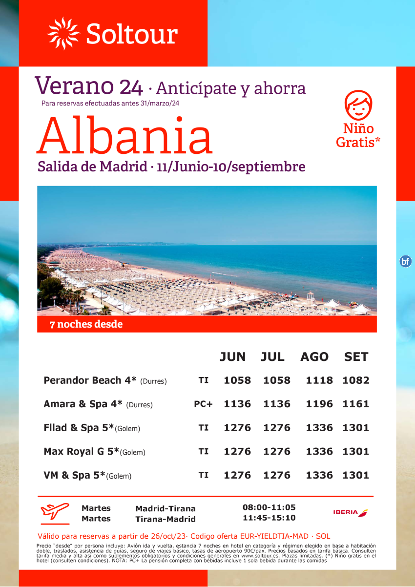 Albania - Oferta Verano 2024 desde 1.058€, salidas 11 Junio al 10 Septiembre desde Madrid